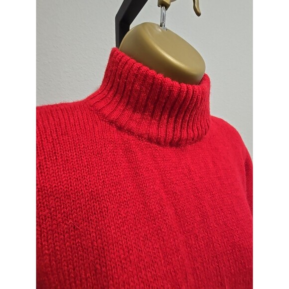 Vtg Cherry Red Shetland Wool Sweater Womens OS Mock Funnel Neck Long Fisherman - Picture 2 of 6